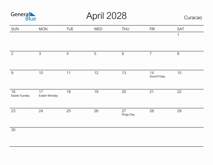 Printable April 2028 Calendar for Curacao