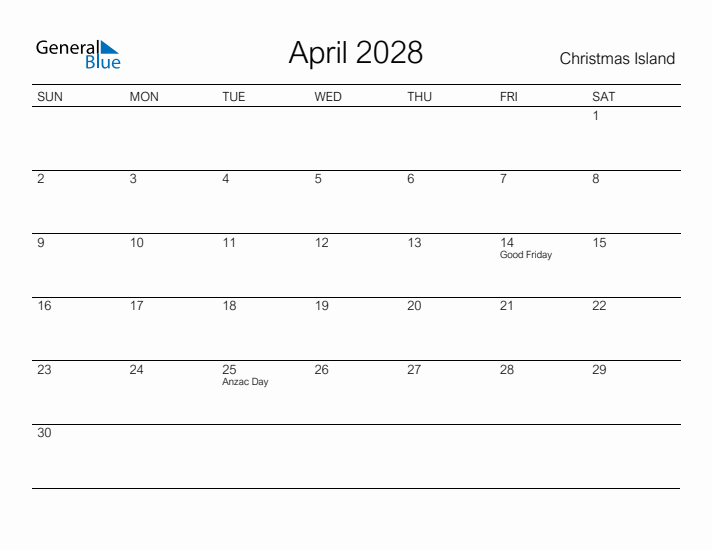 Printable April 2028 Calendar for Christmas Island