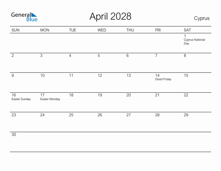 Printable April 2028 Calendar for Cyprus