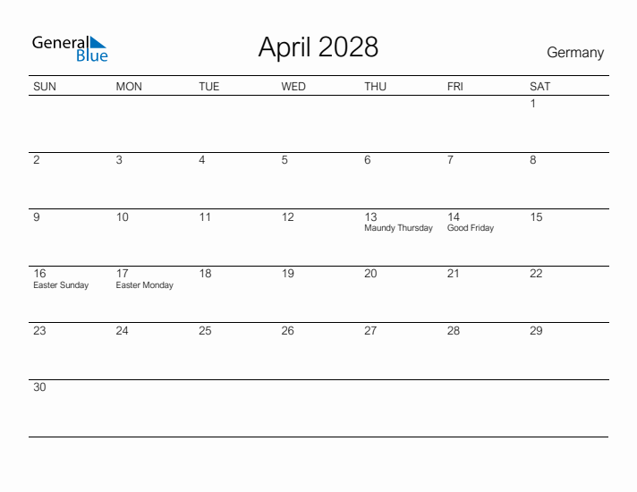 Printable April 2028 Calendar for Germany
