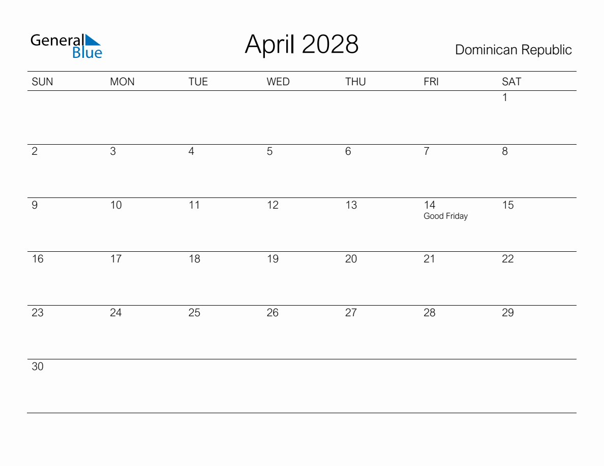 Printable April 2028 Monthly Calendar With Holidays For Dominican Republic
