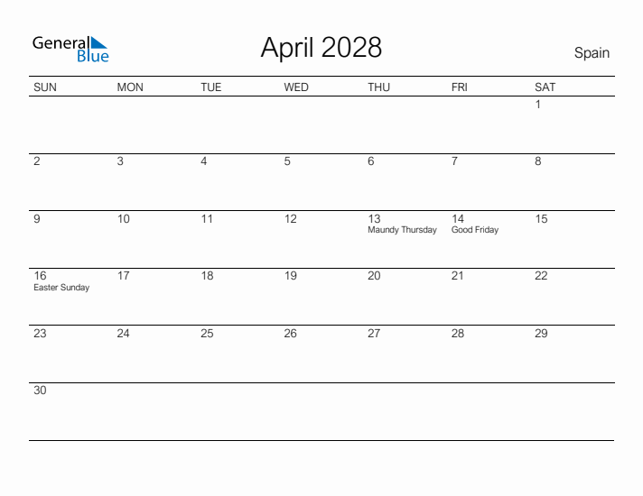 Printable April 2028 Calendar for Spain