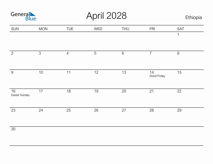 Printable April 2028 Calendar for Ethiopia
