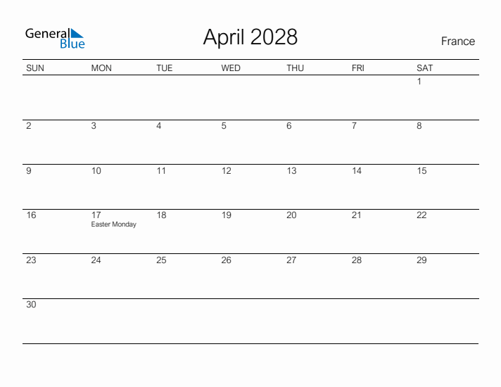 Printable April 2028 Calendar for France