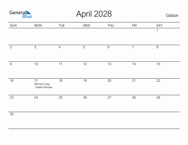 Printable April 2028 Calendar for Gabon