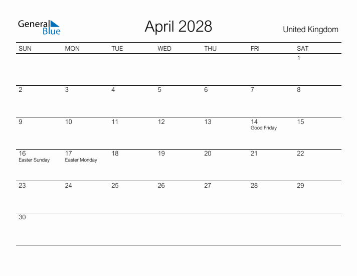 Printable April 2028 Calendar for United Kingdom