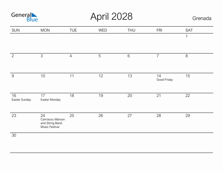 Printable April 2028 Calendar for Grenada