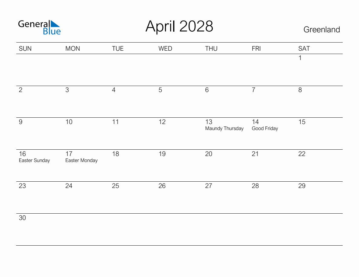 Printable April 2028 Monthly Calendar with Holidays for Greenland