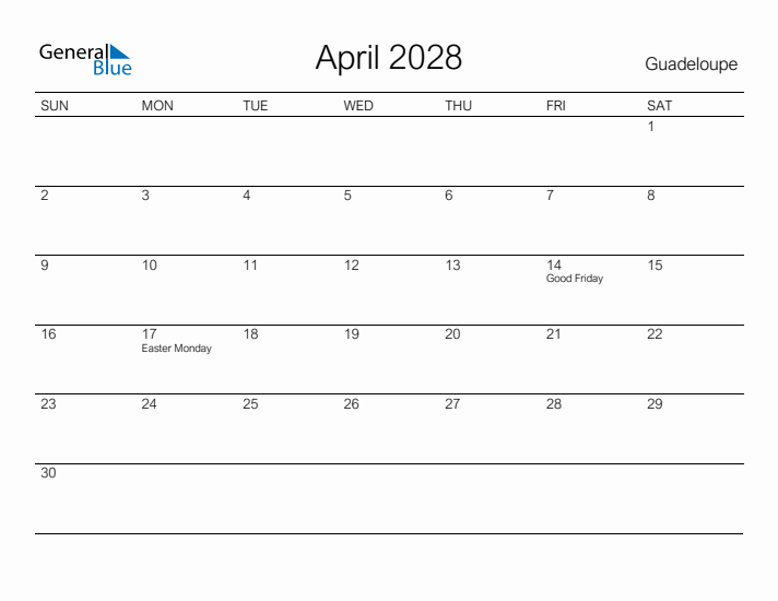 Printable April 2028 Calendar for Guadeloupe