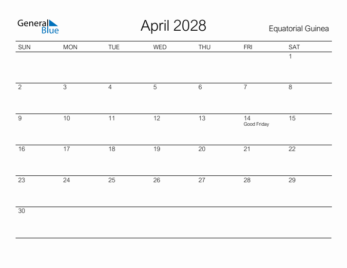 Printable April 2028 Calendar for Equatorial Guinea