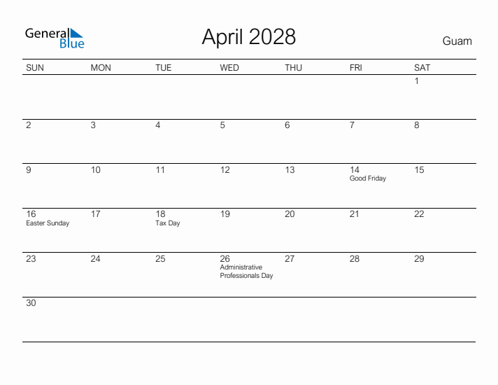 Printable April 2028 Calendar for Guam