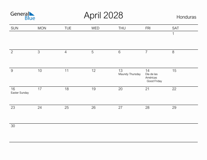 Printable April 2028 Calendar for Honduras
