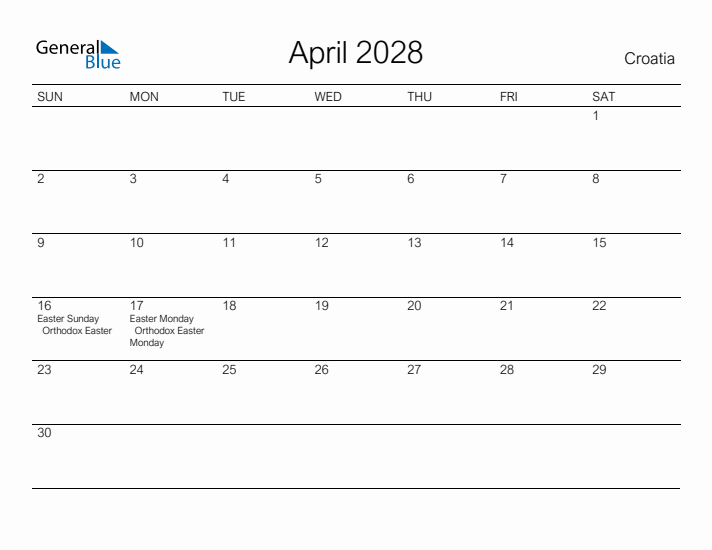 Printable April 2028 Calendar for Croatia
