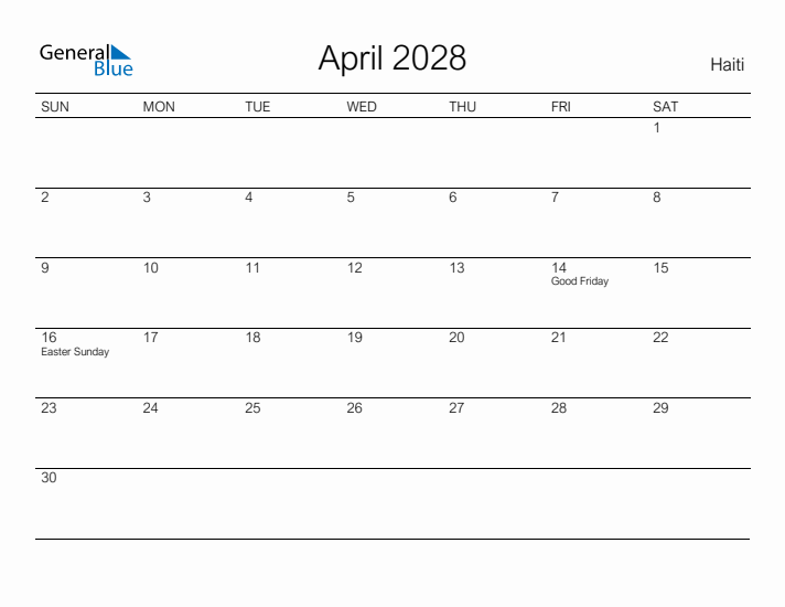 Printable April 2028 Calendar for Haiti