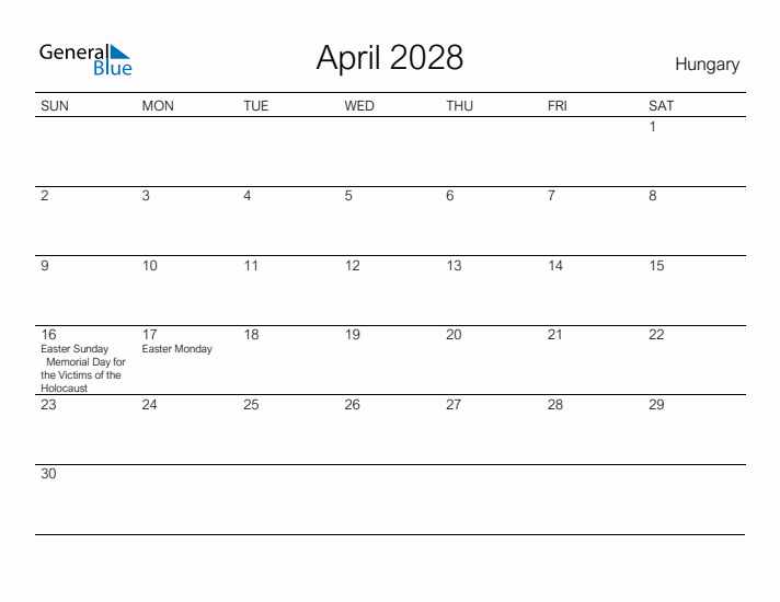 Printable April 2028 Calendar for Hungary