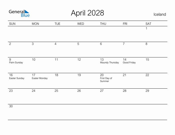 Printable April 2028 Calendar for Iceland