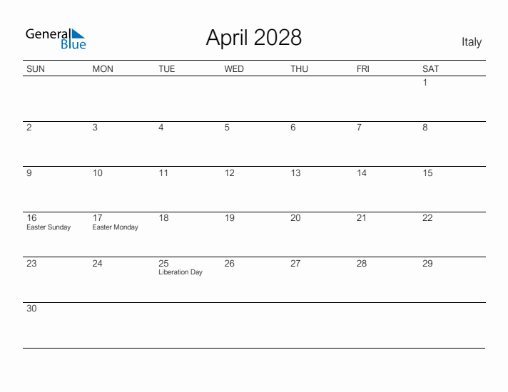 Printable April 2028 Calendar for Italy