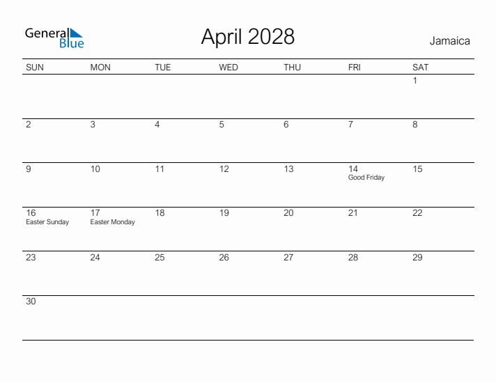 Printable April 2028 Calendar for Jamaica
