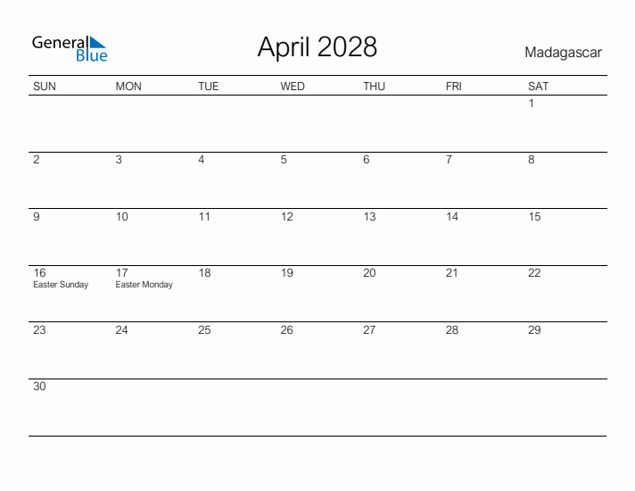 Printable April 2028 Calendar for Madagascar