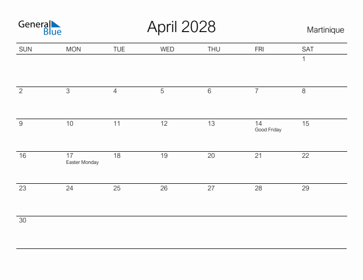 Printable April 2028 Calendar for Martinique