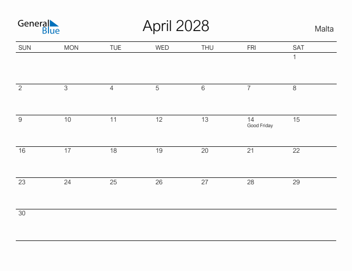 Printable April 2028 Calendar for Malta