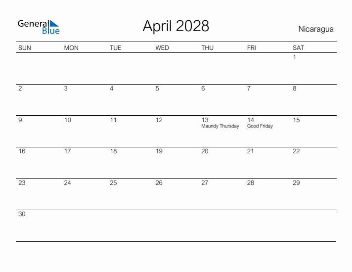 Printable April 2028 Calendar for Nicaragua