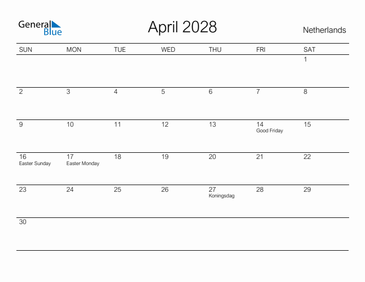 Printable April 2028 Calendar for The Netherlands