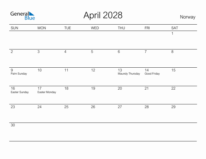 Printable April 2028 Calendar for Norway