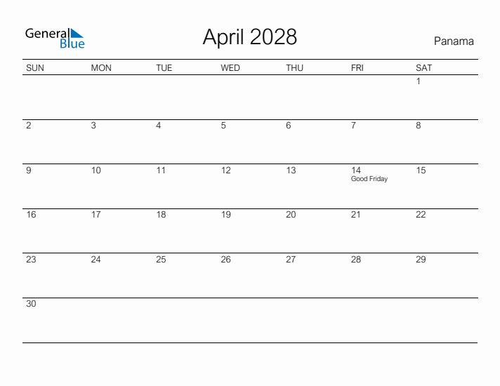 Printable April 2028 Calendar for Panama