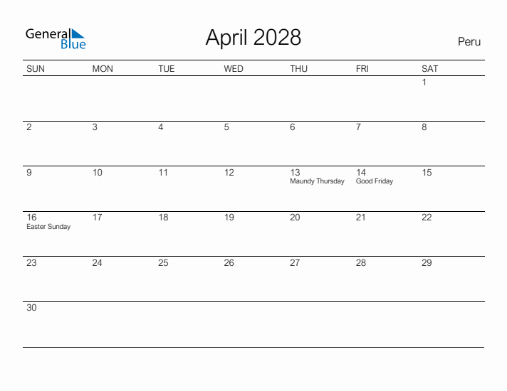 Printable April 2028 Calendar for Peru