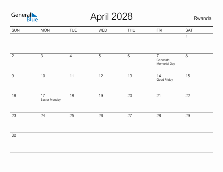 Printable April 2028 Calendar for Rwanda