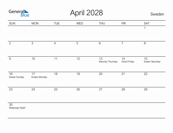 Printable April 2028 Calendar for Sweden