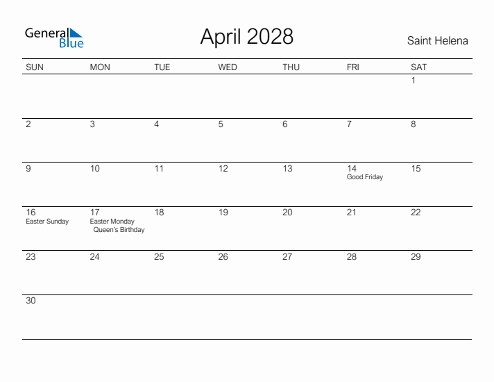 Printable April 2028 Calendar for Saint Helena