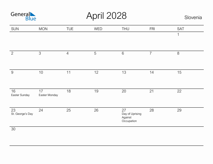 Printable April 2028 Calendar for Slovenia