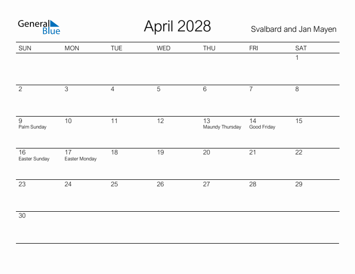 Printable April 2028 Calendar for Svalbard and Jan Mayen