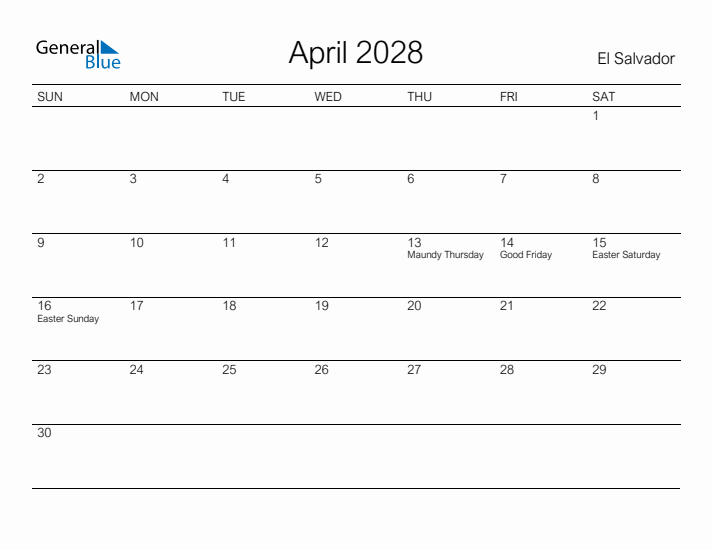 Printable April 2028 Calendar for El Salvador