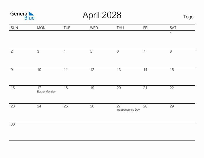 Printable April 2028 Calendar for Togo