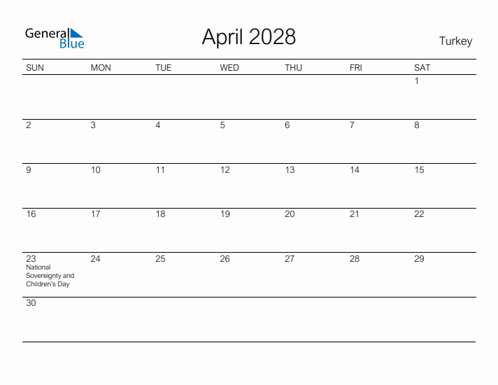 Printable April 2028 Calendar for Turkey