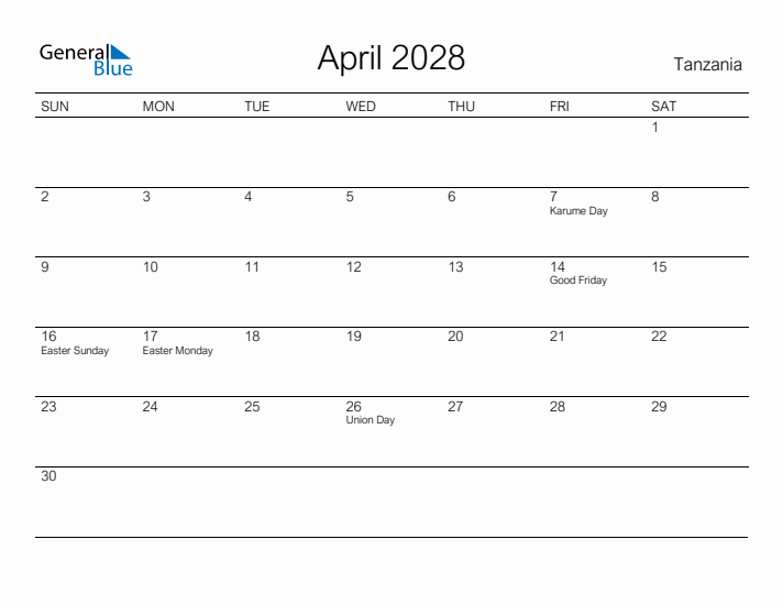 Printable April 2028 Calendar for Tanzania
