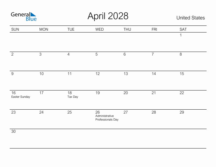 Printable April 2028 Calendar for United States