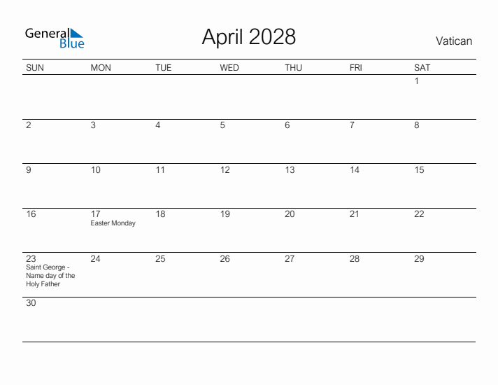 Printable April 2028 Calendar for Vatican