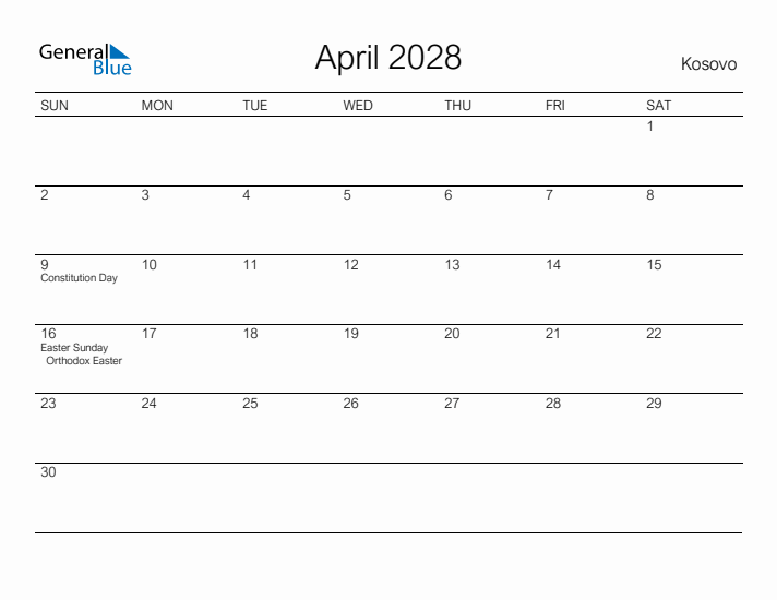 Printable April 2028 Calendar for Kosovo