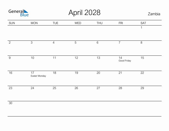 Printable April 2028 Calendar for Zambia
