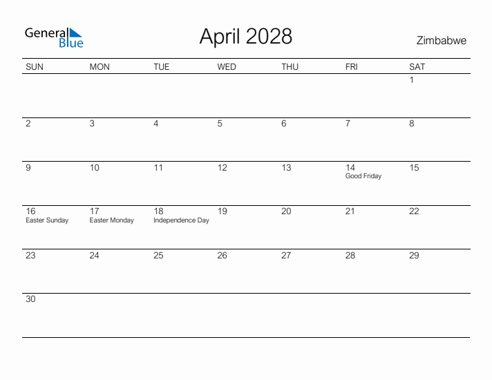 Printable April 2028 Calendar for Zimbabwe
