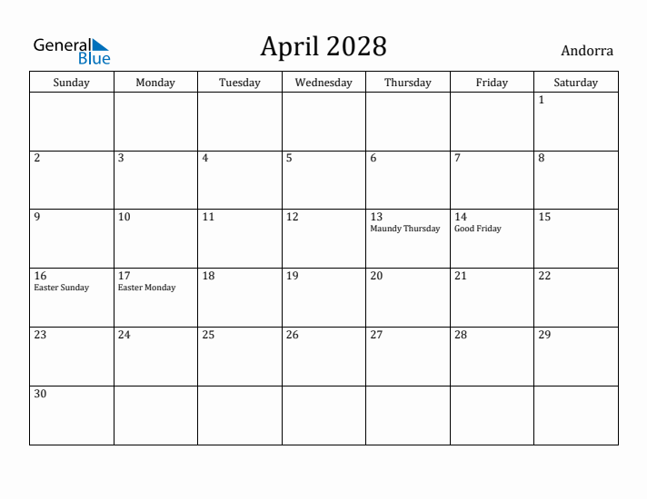 April 2028 Calendar Andorra