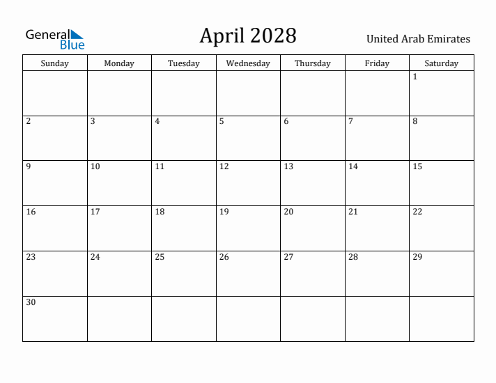 April 2028 Calendar United Arab Emirates