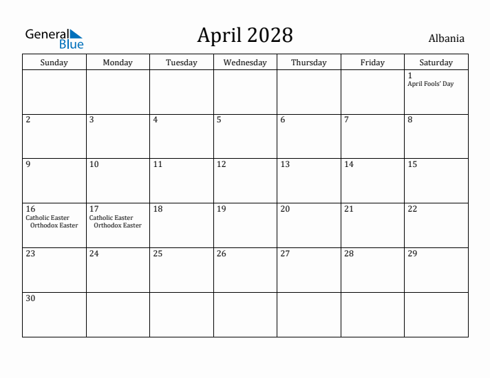 April 2028 Calendar Albania