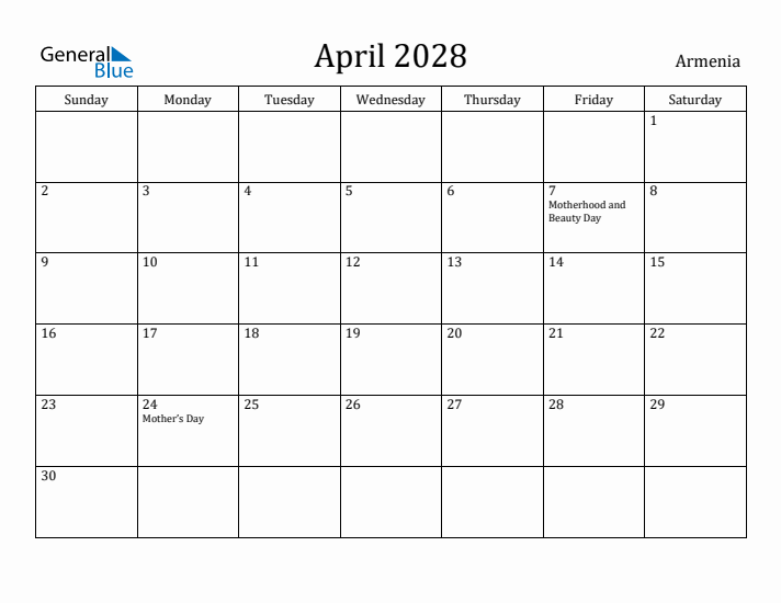 April 2028 Calendar Armenia