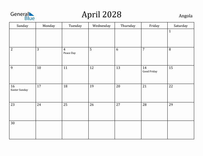 April 2028 Calendar Angola