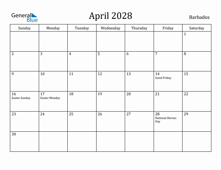 April 2028 Calendar Barbados